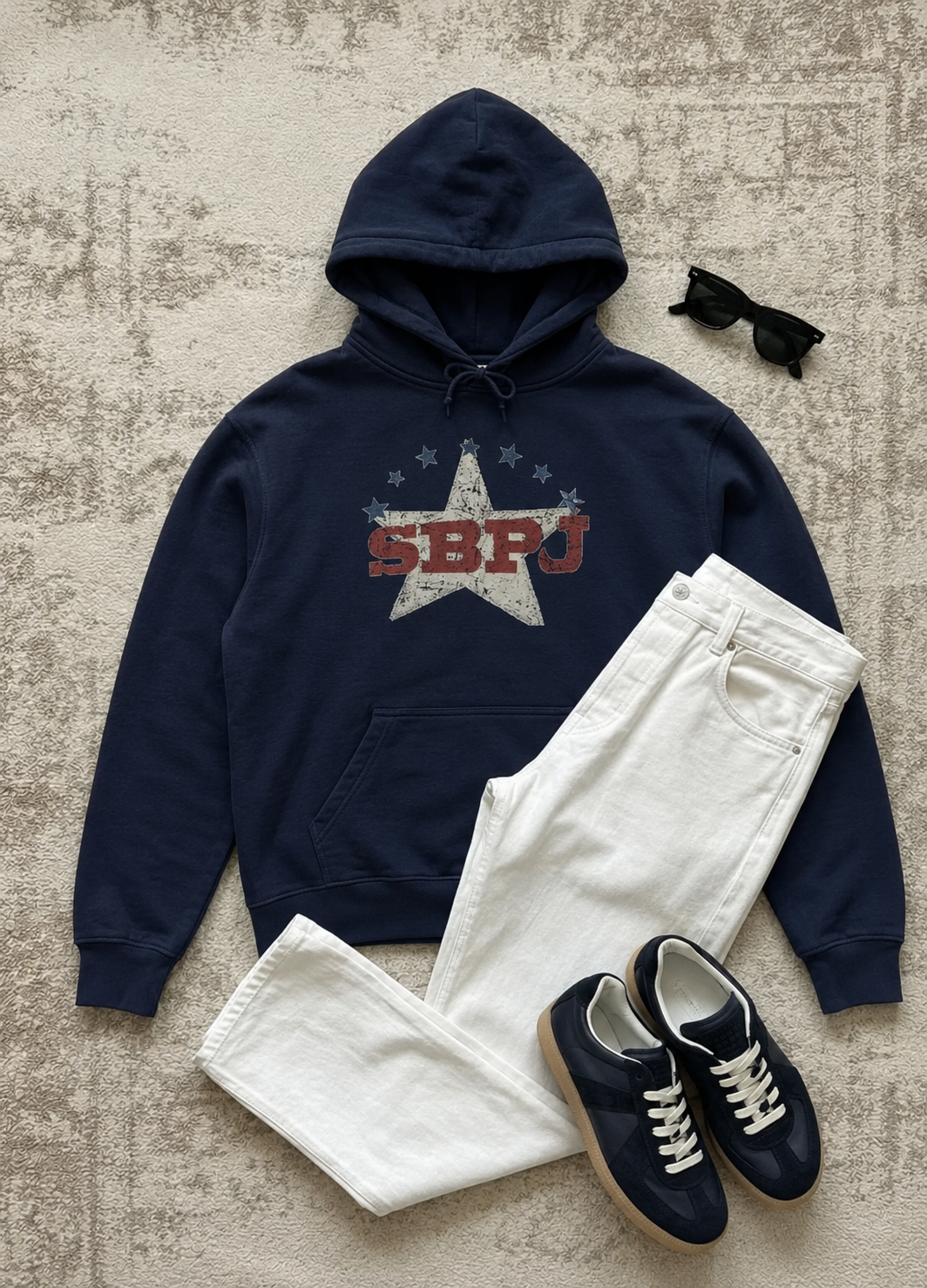 SBPJ Star hoodie in Navy styled outfit