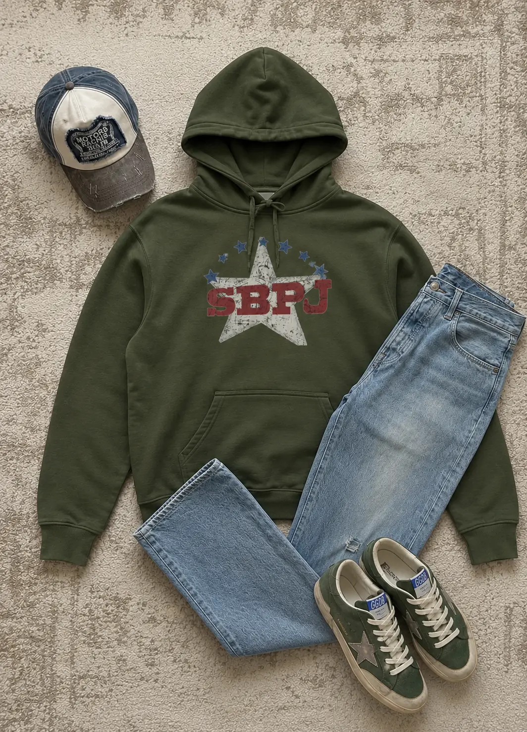 SBPJ Star hoodie in Military Green styled outfit