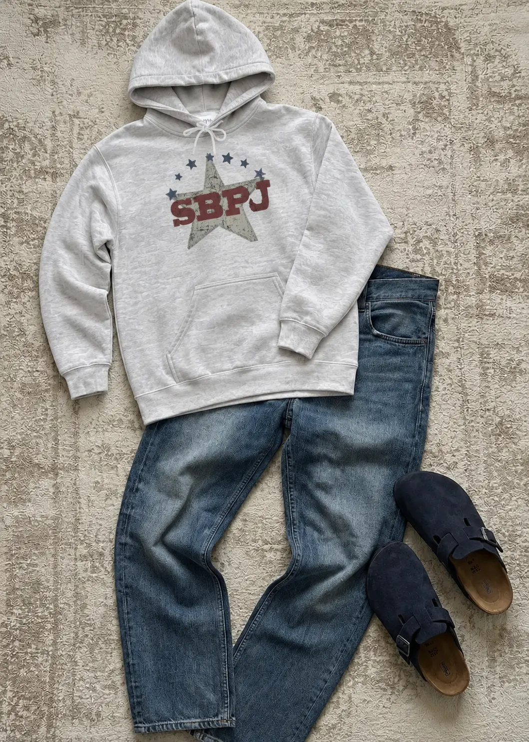 SBPJ Star hoodie in Ash Grey styled outfit